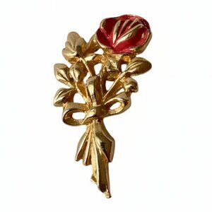 Vintage Mini Gold Rose Brooch w/ Red Petal